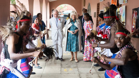 King Charles III and Queen Camilla view dancers at Fort Jesus the UNESCO World Heritage Site on November 03, 2023 in Mombasa, Kenya.