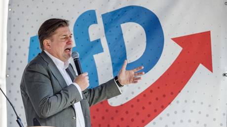Maximilian Krah speaks during a campaign event in Dresden, Germany, May 1, 2024