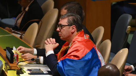President of Serbia Aleksandar Vučić listens during a United Nations (UN) General Assembly meeting, May 23, 2024.
