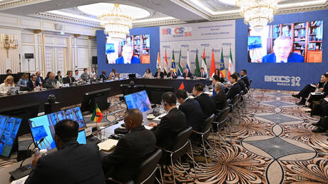 Participants attend a meeting of heads of space agencies of BRICS member countries in Moscow, Russia.