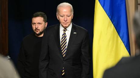 Joe Biden and Vladimir Zelensky arrive to hold a joint press conference at the Eisenhower Executive Office Building in Washington DC, December 12, 2023