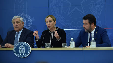 Italy's Prime Minister Giorgia Meloni, Foreign Minister Antonio Tajani and deputy PM Matteo Salvini hold a press conference in Rome, November 3, 2023