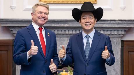 Taiwan’s President Lai Ching-te (R) and US Representative Michael McCaul (L) during a meeting in Taipei on May 27, 2024.
