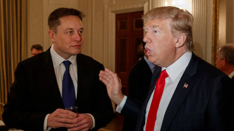 FILE PHOTO: Former US President Donald Trump talks with Tesla and SpaceX CEO Elon Musk.