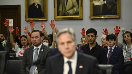 FILE PHOTO: A pro-Palestinian protest at the US House as Secretary of State Antony Blinken testifies to representatives.