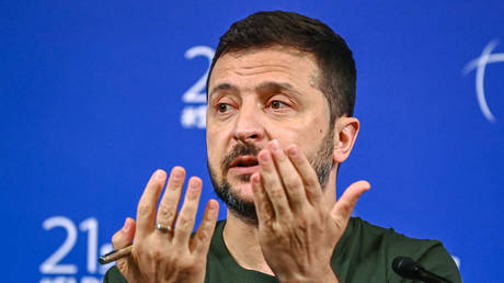 Ukraine's Vladimir Zelensky speaks during the 21st Shangri-La Dialogue summit in Singapore on June 2, 2024.