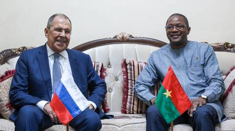Russian Foreign Minister Sergey Lavrov and Foreign Minister of Burkina Faso Karamoko Jean Marie Traore attend a meeting in Ouagadougou, June 6, 2024