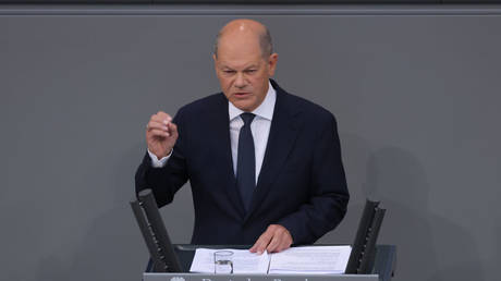 BERLIN, GERMANY - JUNE 06: German Chancellor Olaf Scholz gives a government declaration at the Bundestag.