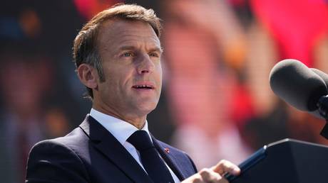 Emmanuel Macron delivers a speech during a ceremony marking the 80th anniversary of the 'D-Day' landings in Normandy, France, June 6, 2024