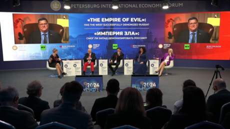 RT hosts a panel discussion on US efforts to vilify Russia at the St. Petersburg International Economic Forum, June 7, 2024.