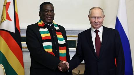 Russian President Vladimir Putin and Zimbabwean President Emmerson Mnangagwa shake hands during a meeting on the sidelines of the 27th Saint Petersburg International Economic Forum (SPIEF) at the Constantine Palace in Strelna in the suburb of St. Petersburg, Russia.