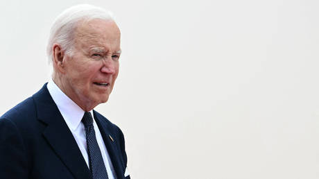 US President Joe Biden attends a ceremony marking the 80th anniversary of the World War Two "D-Day" Allied landings in Saint-Laurent-sur-Mer, France,