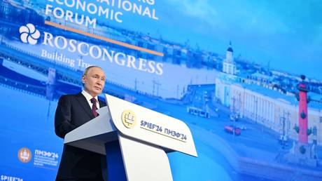Russian President Vladimir Putin speaks during a plenary session of the St. Petersburg International Economic Forum in St. Petersburg, Russia.