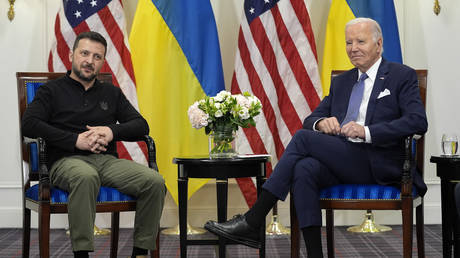 US President Joe Biden meets with Ukrainian President Vladimir Zelenskyy in Paris, Friday, June 7, 2024.