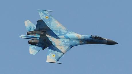 FILE PHOTO: A Ukrainian military jet takes part in a joint exercise with NATO forces in 2021.