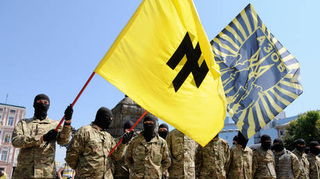 Members of the Azov Battalion during a ceremony in Kiev on July 16, 2014.