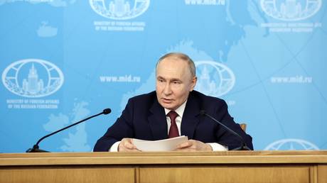 Russian President Vladimir Putin speaks during a meeting with the leadership of the Russian Foreign Ministry in Moscow, Russia.