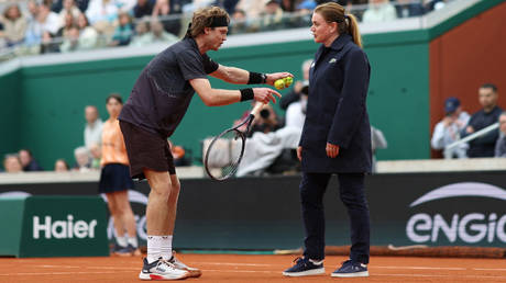 Russian tennis player Andrey Rublev speaks with a line judge at the 2024 French Open at Roland Garros, May 31, 2024, Paris, France.