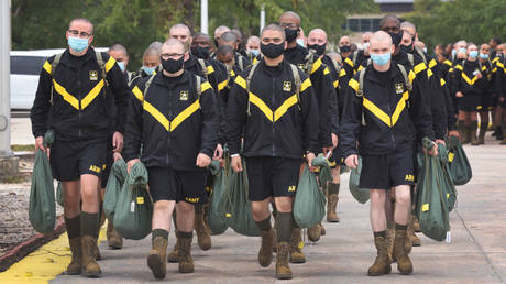 FILE PHOTO: US Army recruits arrive for basic training in September 2022 at Fort Jackson in Columbia, South Carolina.