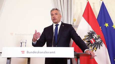 FILE PHOTO: Austrian Chancellor Karl Nehammer during a news conference in Vienna.