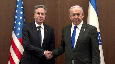 File Photo: US Secretary of State Antony Blinken (L) shakes hand with Israeli Prime Minister Benjamin Netanyahu (R) in West Jerusalem on February 07, 2024.