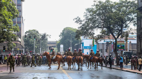 Anti-riot Police block protesters from moving forward, during the demonstration, Nairobi, Kenya. June 25, 2024.