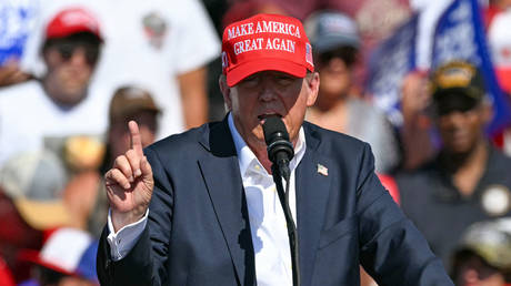 Former US President and Republican presidential candidate Donald Trump speaks during a campaign rally at the Historic Greenbrier Farms in Chesapeake, Virginia, on June 28, 2024.