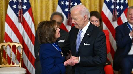 Joe Biden presents the Presidential Medal of Freedom to Nancy Pelosi in the White House in Washington DC, May 3, 2024