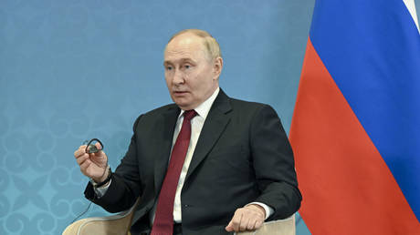 Russian President Vladimir Putin speaks at the Shanghai Cooperation Organization Summit in Astana, Kazakhstan on July 3, 2024.