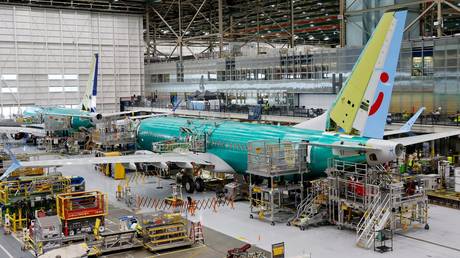 Boeing 737 MAX aircraft being assembled at the Boeing Renton Factory in Renton, Washington.