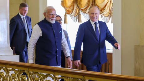 Russian President Vladimir Putin (R) meets Indian Prime Minister Narendra Modi (L), Moscow, Russia, July 09, 2024.