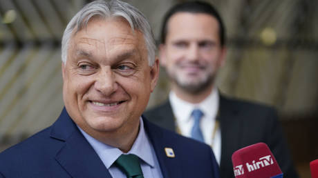 FILE PHOTO. Viktor Orban Prime Minister of Hungary talks with media during European Council Meeting on June 27, 2024 in Brussels, Belgium.