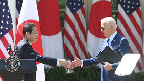 FILE PHOTO: US President Joe Biden and Japanese Prime Minister Fumio Kishida in Washington, DC, April 10, 2024.