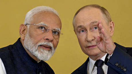 Russian President Vladimir Putin (R) and the Indian Prime Minister Narendra Modi (L) attend the award ceremony as Putin awards the Order of St. Andrew to Narendra Modi for his contributions to the relations between the two countries in Moscow, Russia on July 09, 2024.