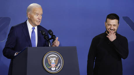 US President Joe Biden and Ukrainian leader Vladimir Zelensky participate in the launching of the Ukraine Compact at the 2024 NATO Summit on July 11, 2024 in Washington, DC.