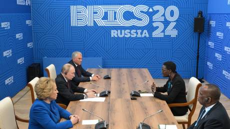President of Russia Vladimir Putin, second right, in a meeting with Tulia Ackson, President of the Inter-Parliamentary Union, Speaker of the National Assembly of Tanzania, on the sidelines of the 10th BRICS Parliamentary Forum.
