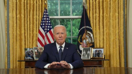 US President Biden addresses the nation from the White House Oval Office on July 14, 2024