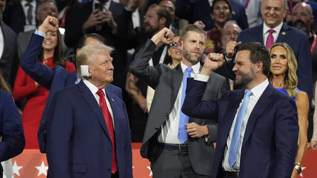 Donald Trump with his election running mate JD Vance at the Republican National Convention in Milwaukee on July 15, 2024.