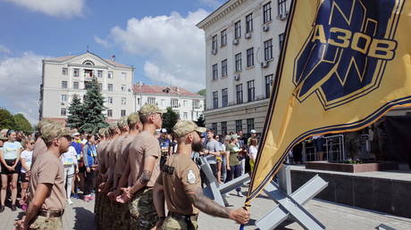 FILE PHOTO: Members of the Azov Regiment are seen on parade.