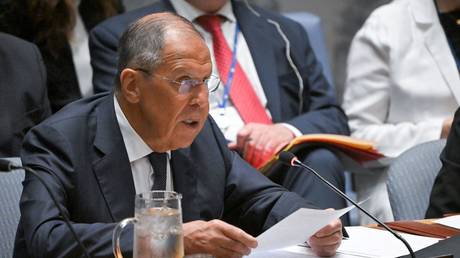 Russian Foreign Minister Sergey Lavrov speaks at the UN Security Council meeting on July 16, 2024.