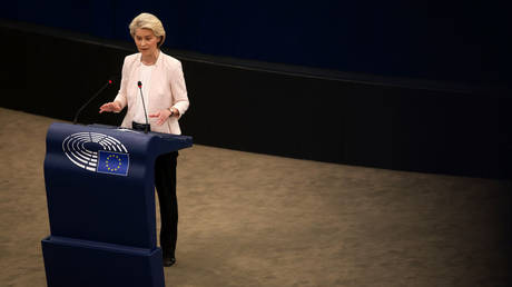 European Commission President Ursula von der Leyen delivers a speech during the plenary session of the European Parliament in Strasbourg, France, July 18, 2024.