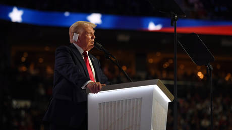Former US President Donald Trump speaks during the Republican National Convention in Milwaukee, Wisconsin, the United States, on July 18, 2024.