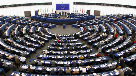 FILE PHOTO: Ministers attend a sitting in the central conference room at the European Parliament building.