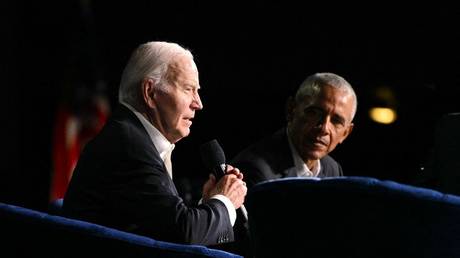 Joe Biden (L) speaks next to Barack Obama during a campaign fundraiser at the Peacock Theater in Los Angeles, California, June 15, 2024