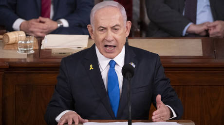 Israeli Prime Minister Benjamin Netanyahu speaks to Congress at the US Capitol. July 24, 2024.