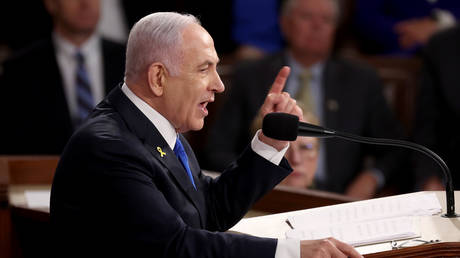 Israeli Prime Minister Benjamin Netanyahu addresses a joint meeting of Congress in the chamber of the House of Representatives at the US Capitol on July 24, 2024 in Washington, DC.