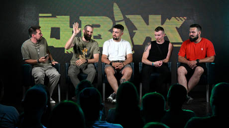 Soldiers of the 3rd Assault Brigade of the Ukrainian Ground Forces during a meeting with the Ukrainian diaspora in Warsaw, Poland on July 21, 2024.