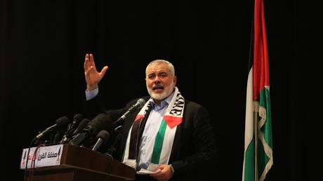 FILE PHOTO. Head of the Political Bureau of Hamas Ismail Haniyeh delivers a speech during the Palestinian National Conference on Bahrain workshop and Deal of the Century in Gaza City, Gaza on June 25, 2019.