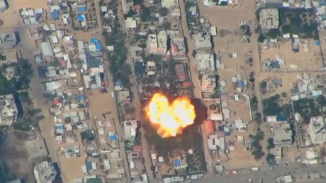 An aerial view of an airstrike that the Israel Defense Forces (IDF) claims killed Hamas commander Mohammed Deif in Khan Younis, Gaza, July 13, 2024