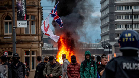 Far-right activists hold an 'Enough is Enough' protest on August 02, 2024 in Sunderland, England.